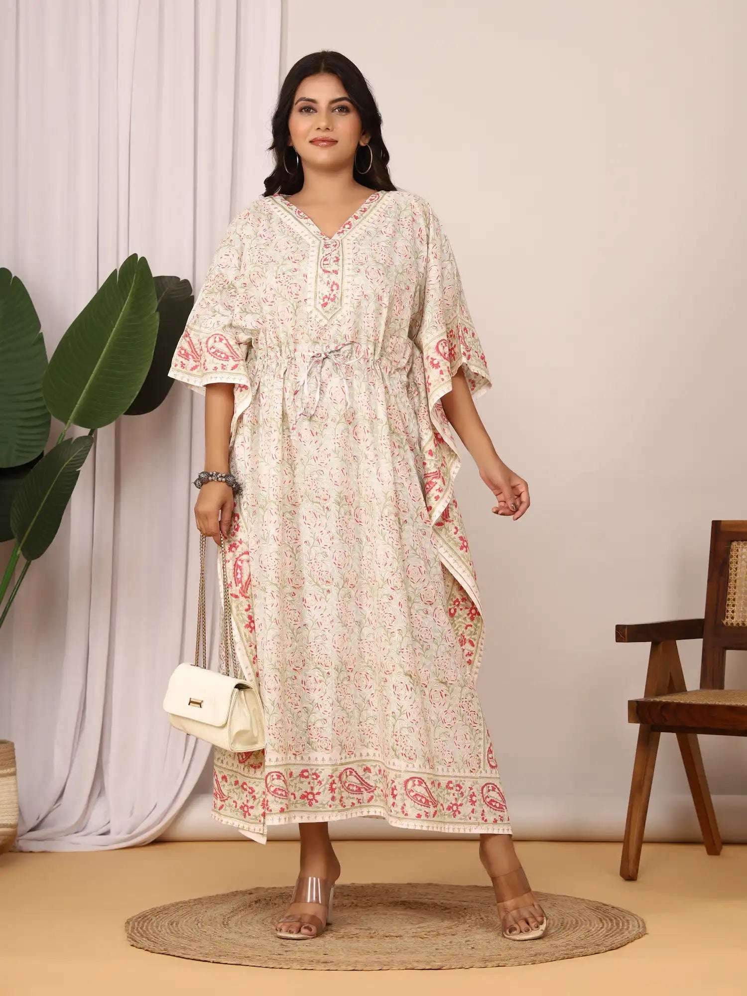 Sanganeri Floral Print Pastel Green Cotton Kaftan