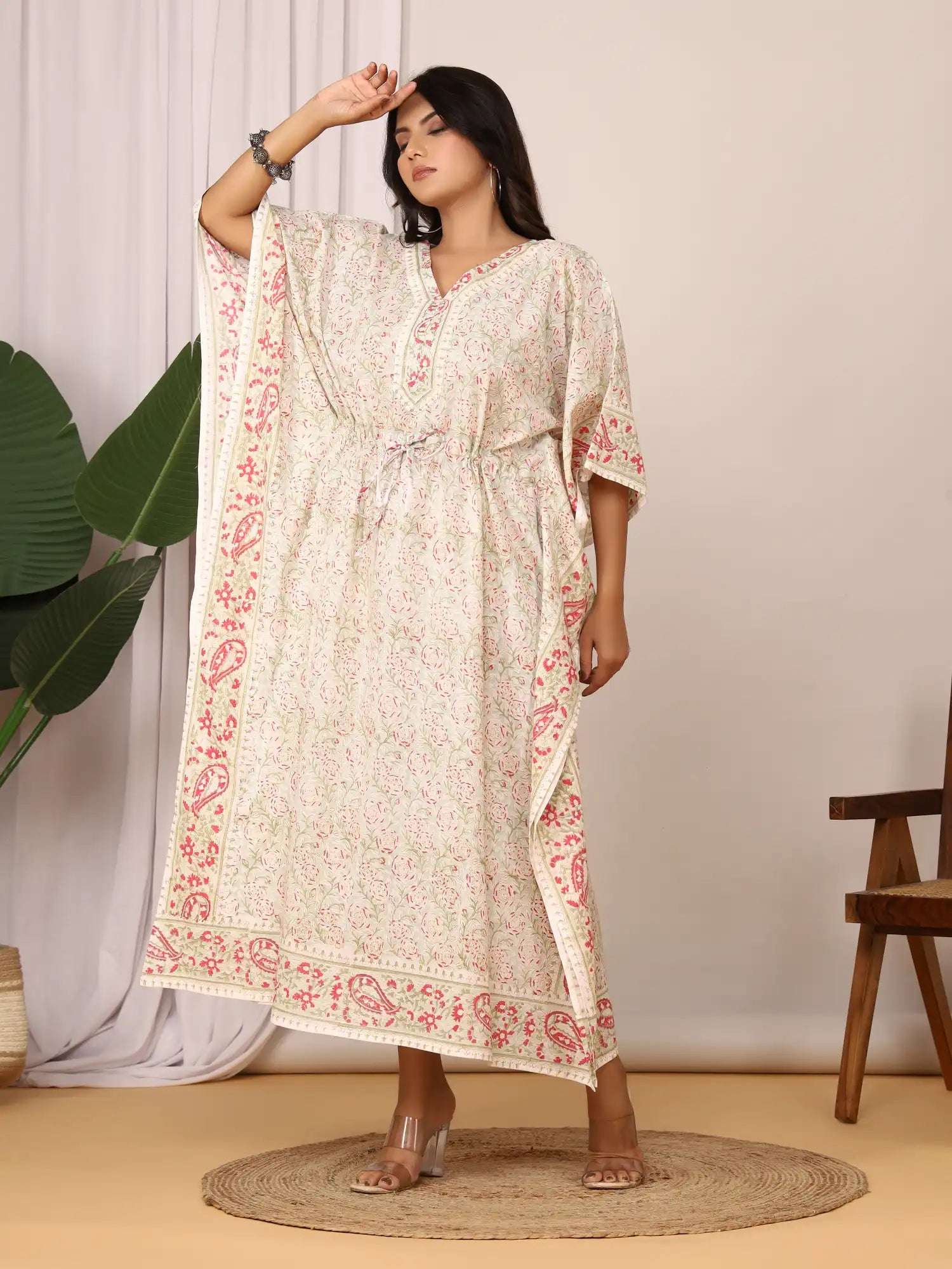 Sanganeri Floral Print Pastel Green Cotton Kaftan