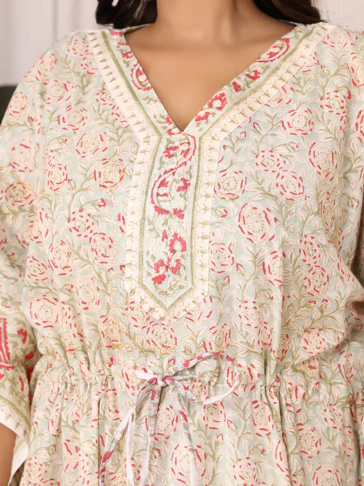 Sanganeri Floral Print Pastel Green Cotton Kaftan