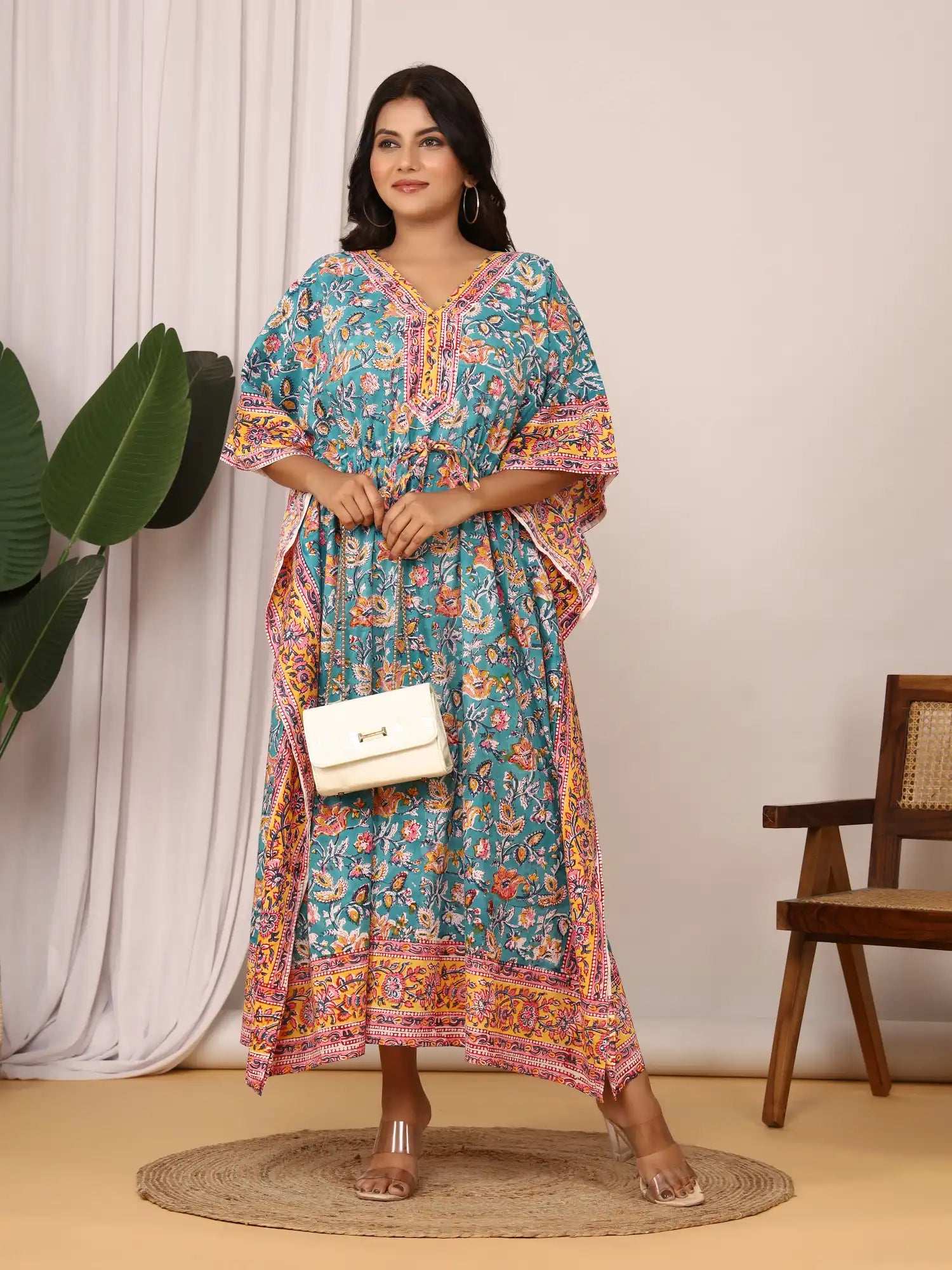 Sanganeri Floral Vine Print Teal & Yellow Cotton Kaftan