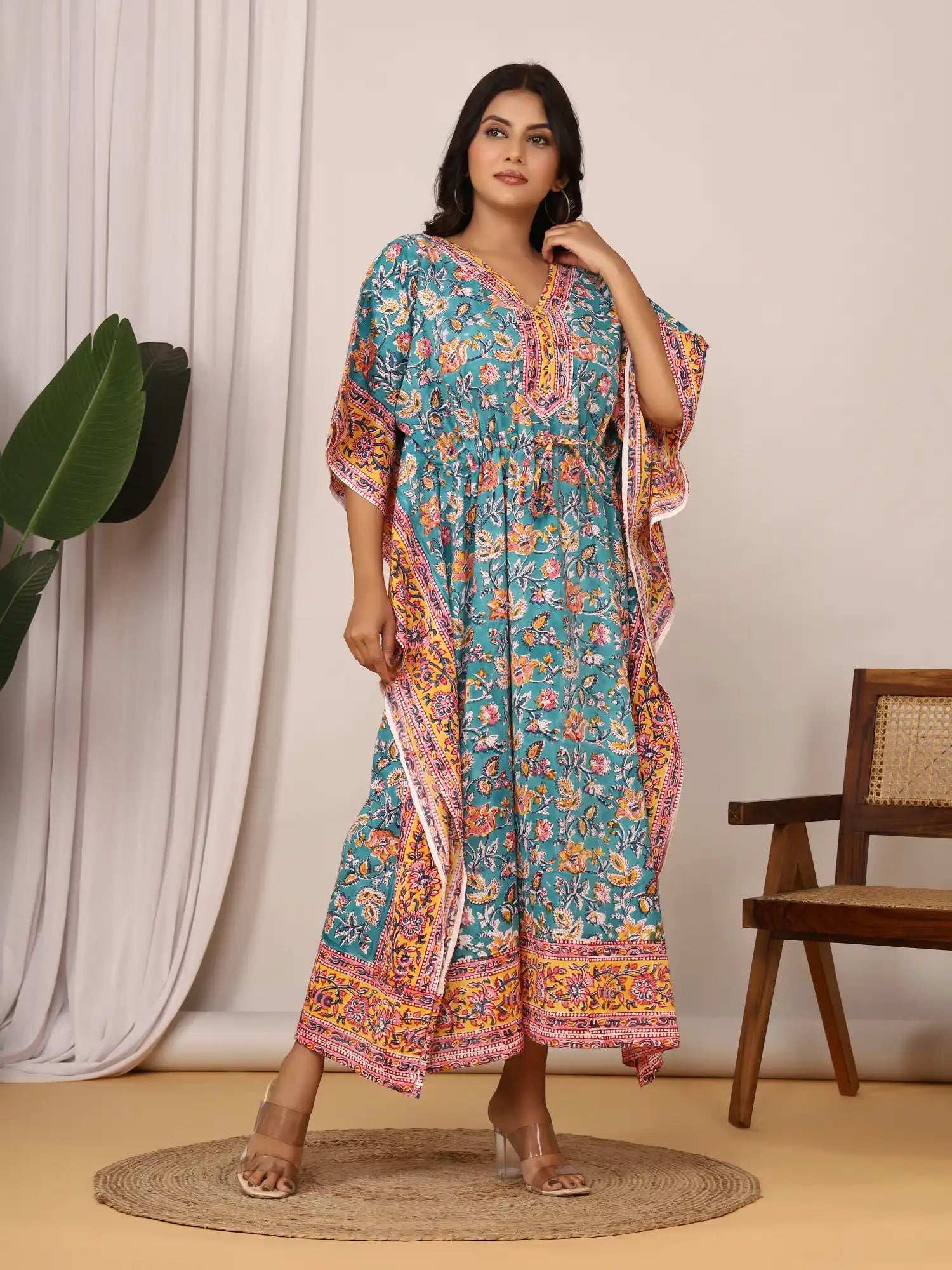 Sanganeri Floral Vine Print Teal & Yellow Cotton Kaftan