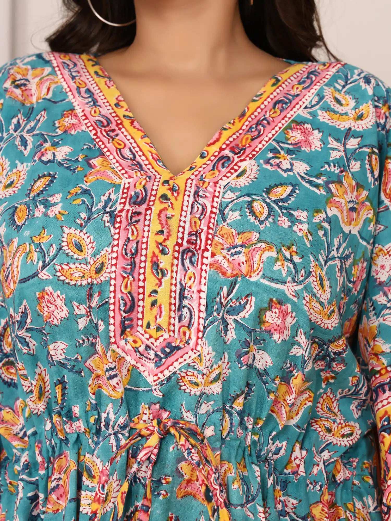 Sanganeri Floral Vine Print Teal & Yellow Cotton Kaftan