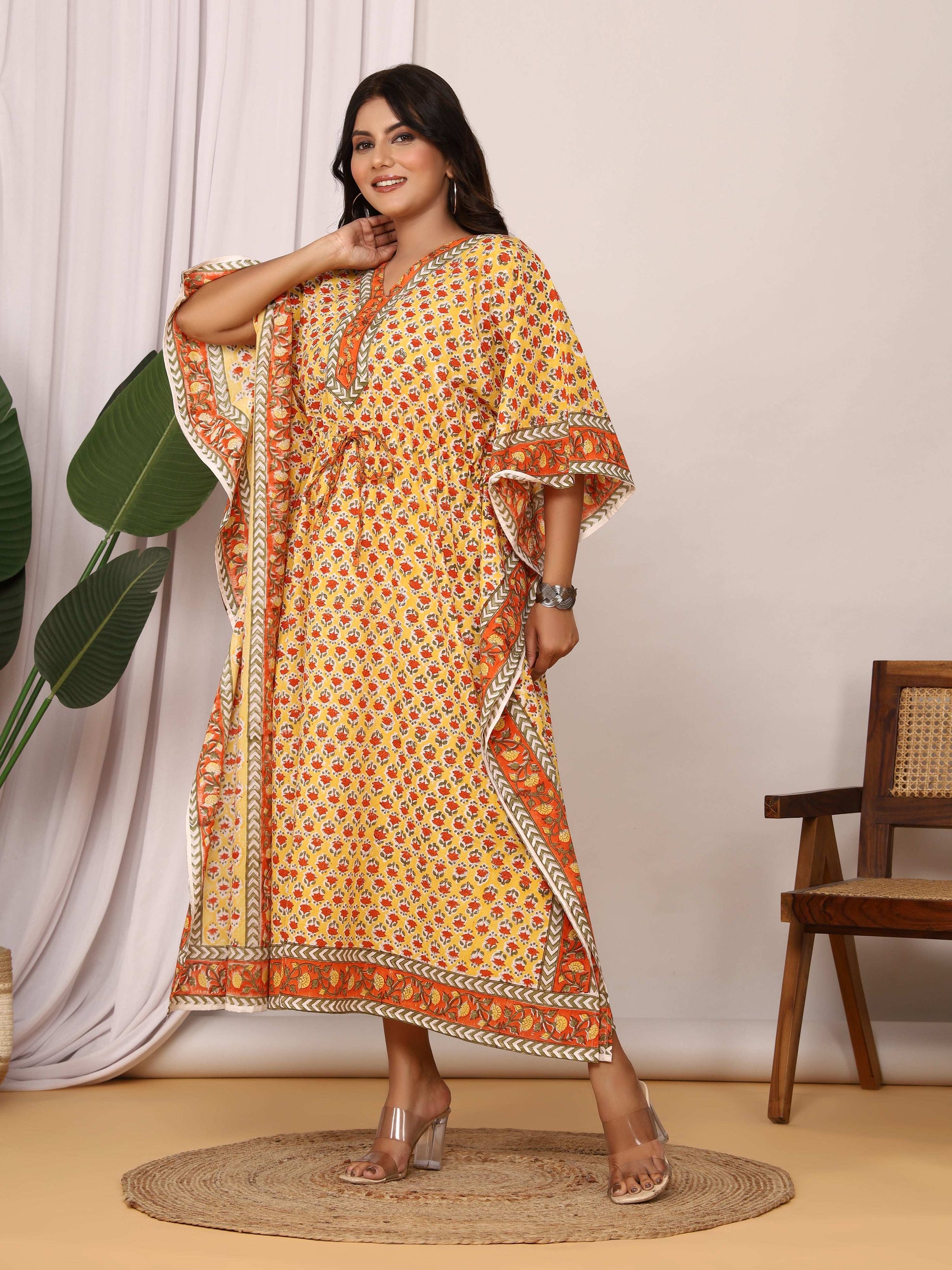 Sanganeri Print Yellow & Orange Flower Buti Cotton Kaftan