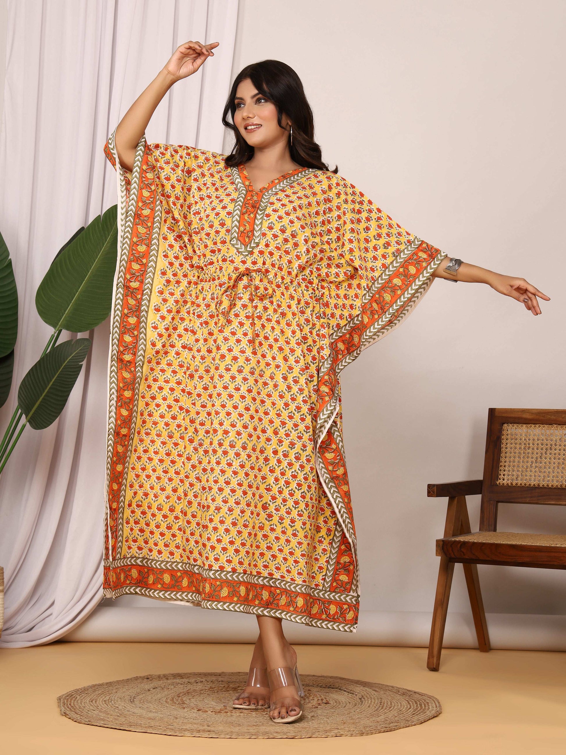 Sanganeri Print Yellow & Orange Flower Buti Cotton Kaftan