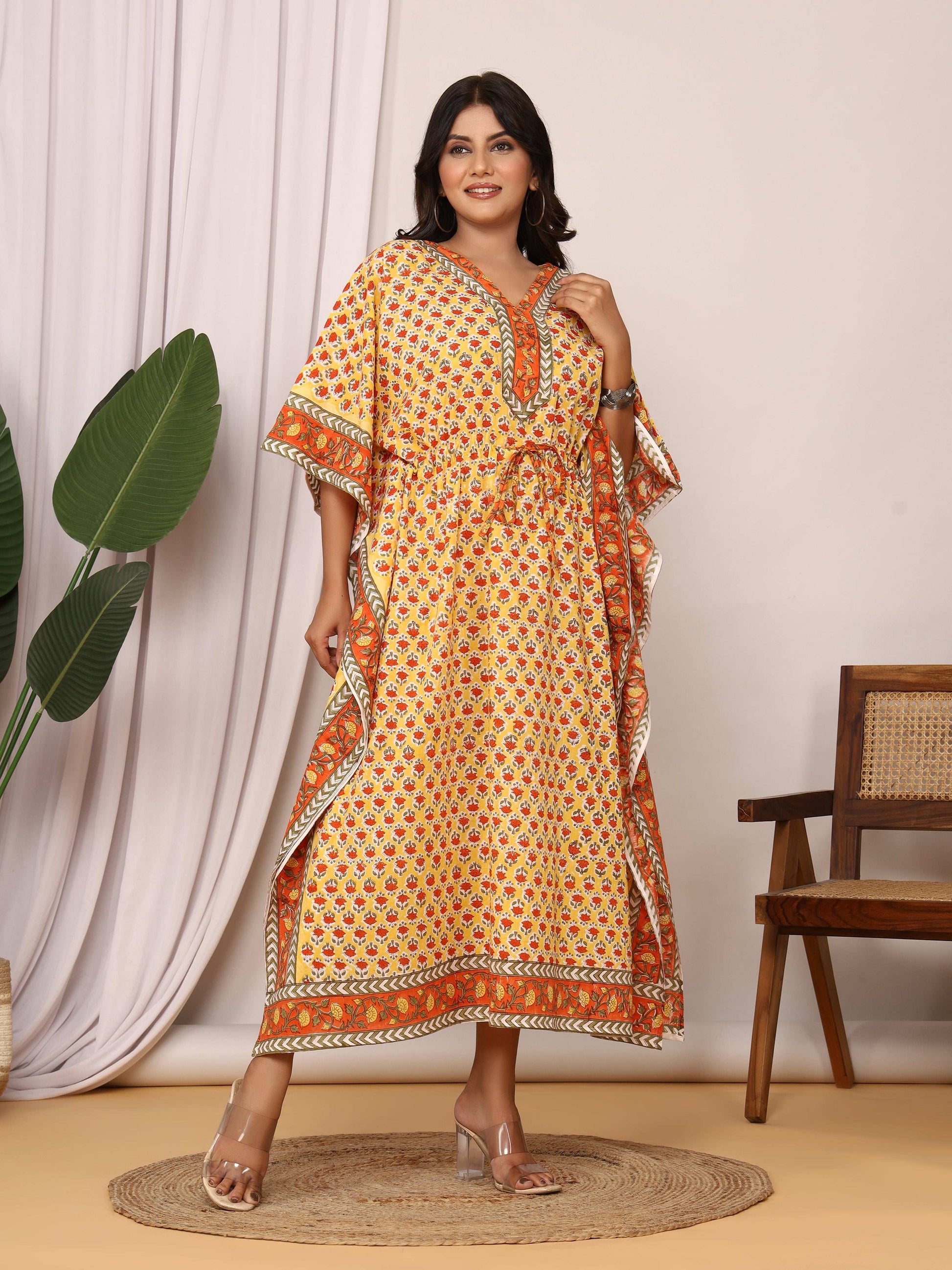 Sanganeri Print Yellow & Orange Flower Buti Cotton Kaftan