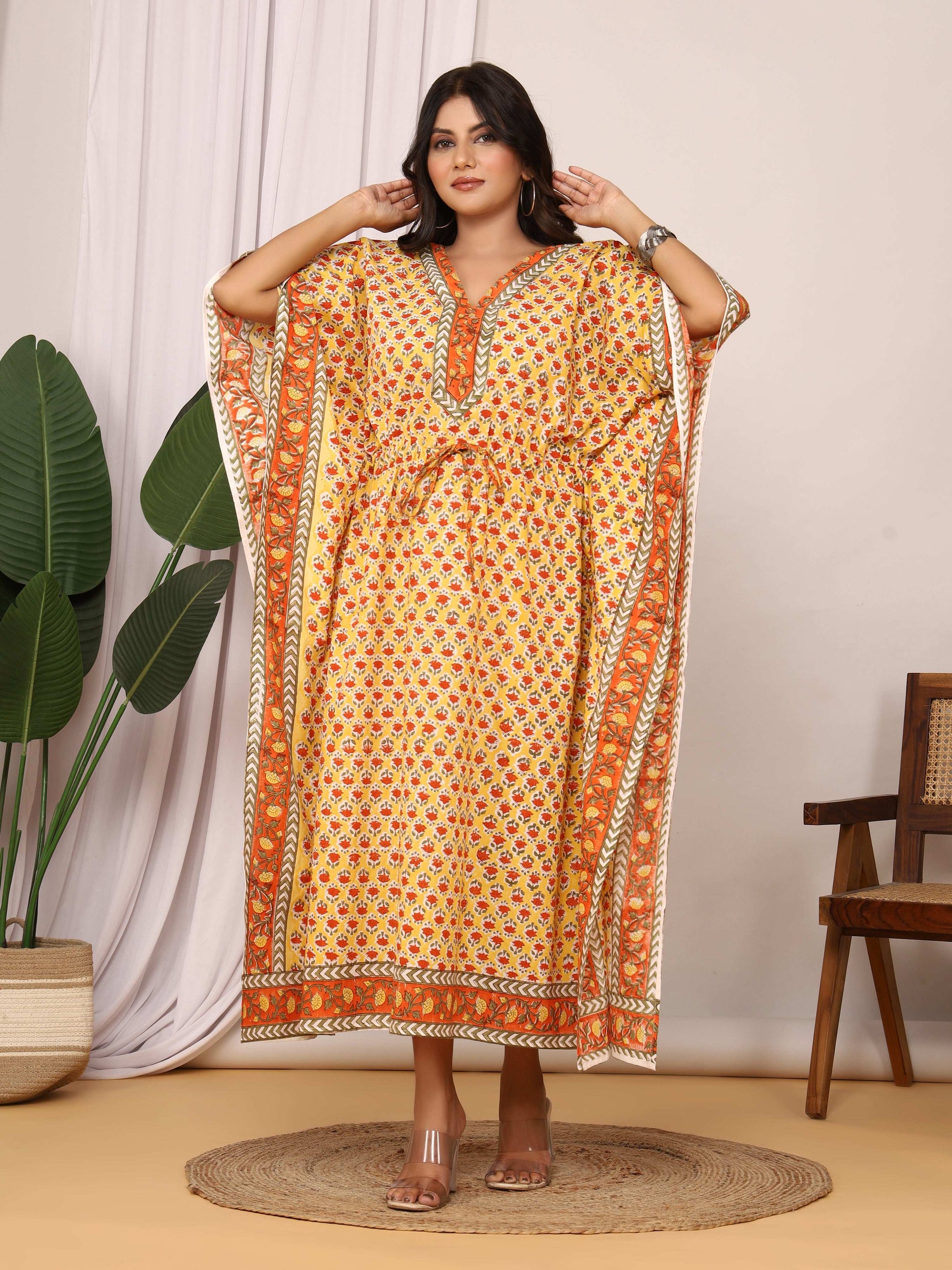 Sanganeri Print Yellow & Orange Flower Buti Cotton Kaftan