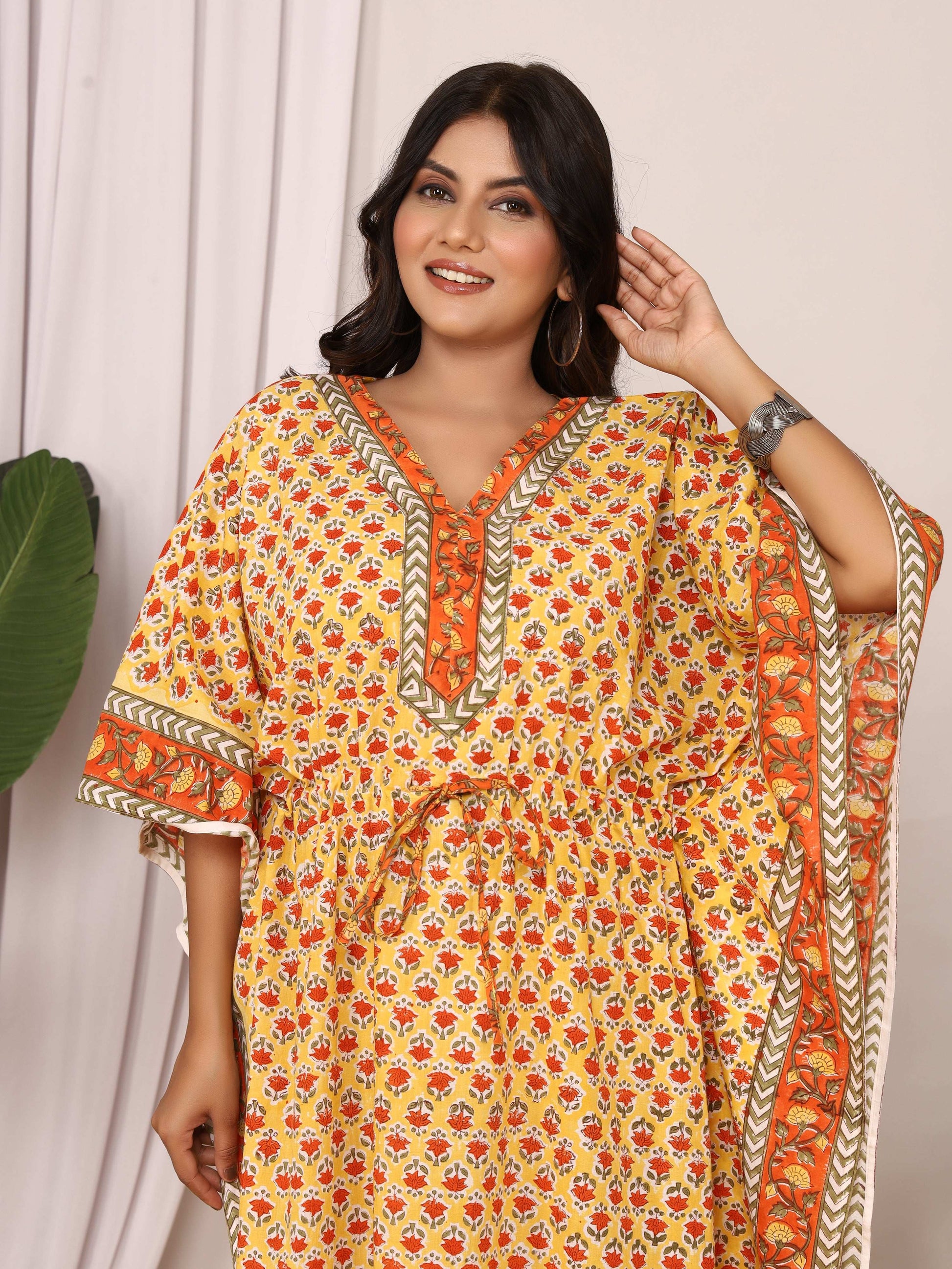 Sanganeri Print Yellow & Orange Flower Buti Cotton Kaftan