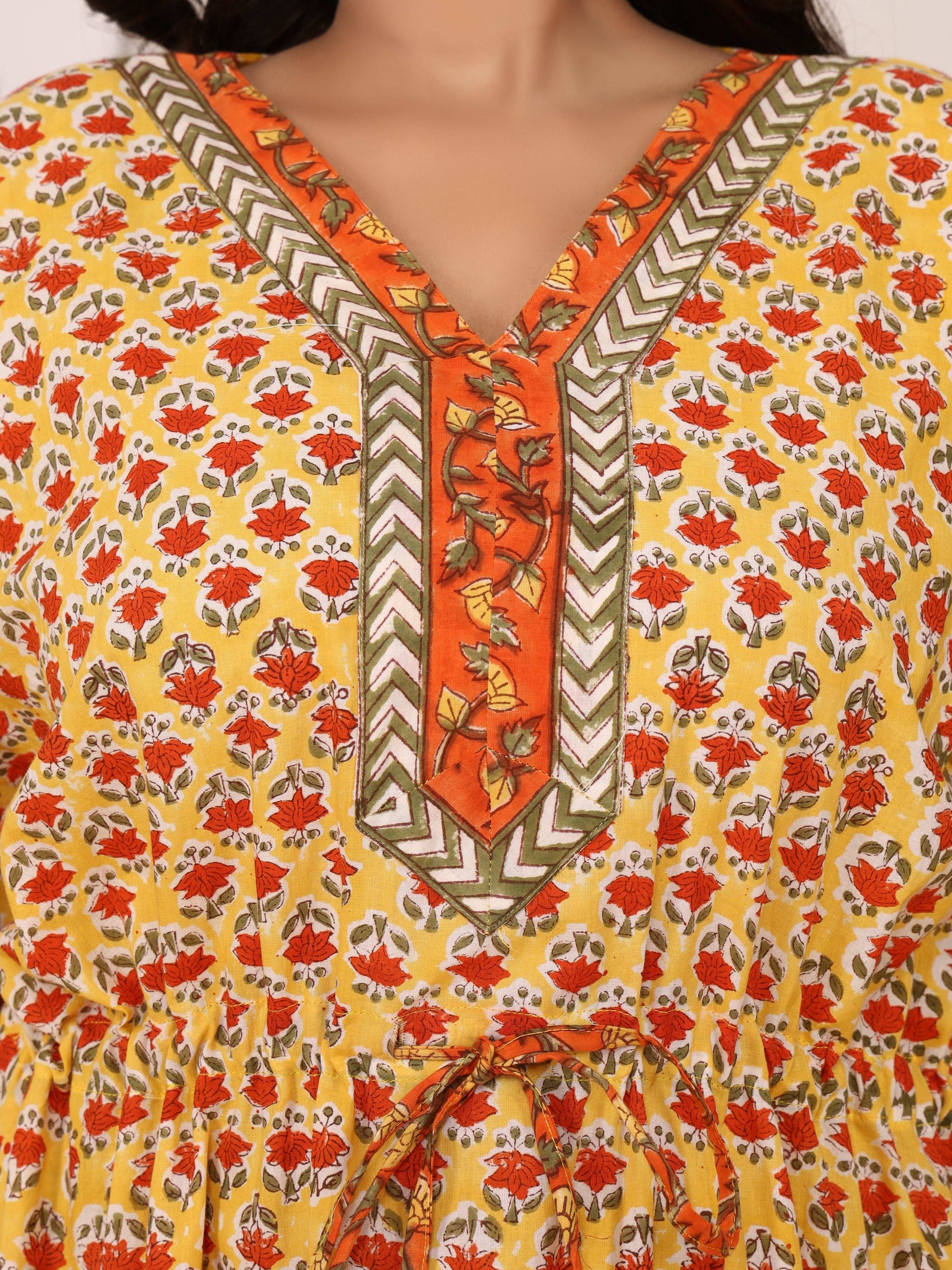 Sanganeri Print Yellow & Orange Flower Buti Cotton Kaftan