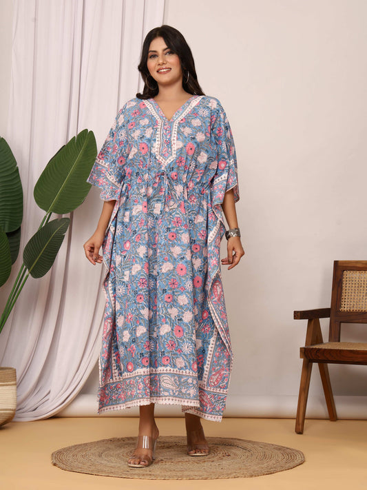 Sanganeri Print Blue & Pink Floral Cotton Kaftan