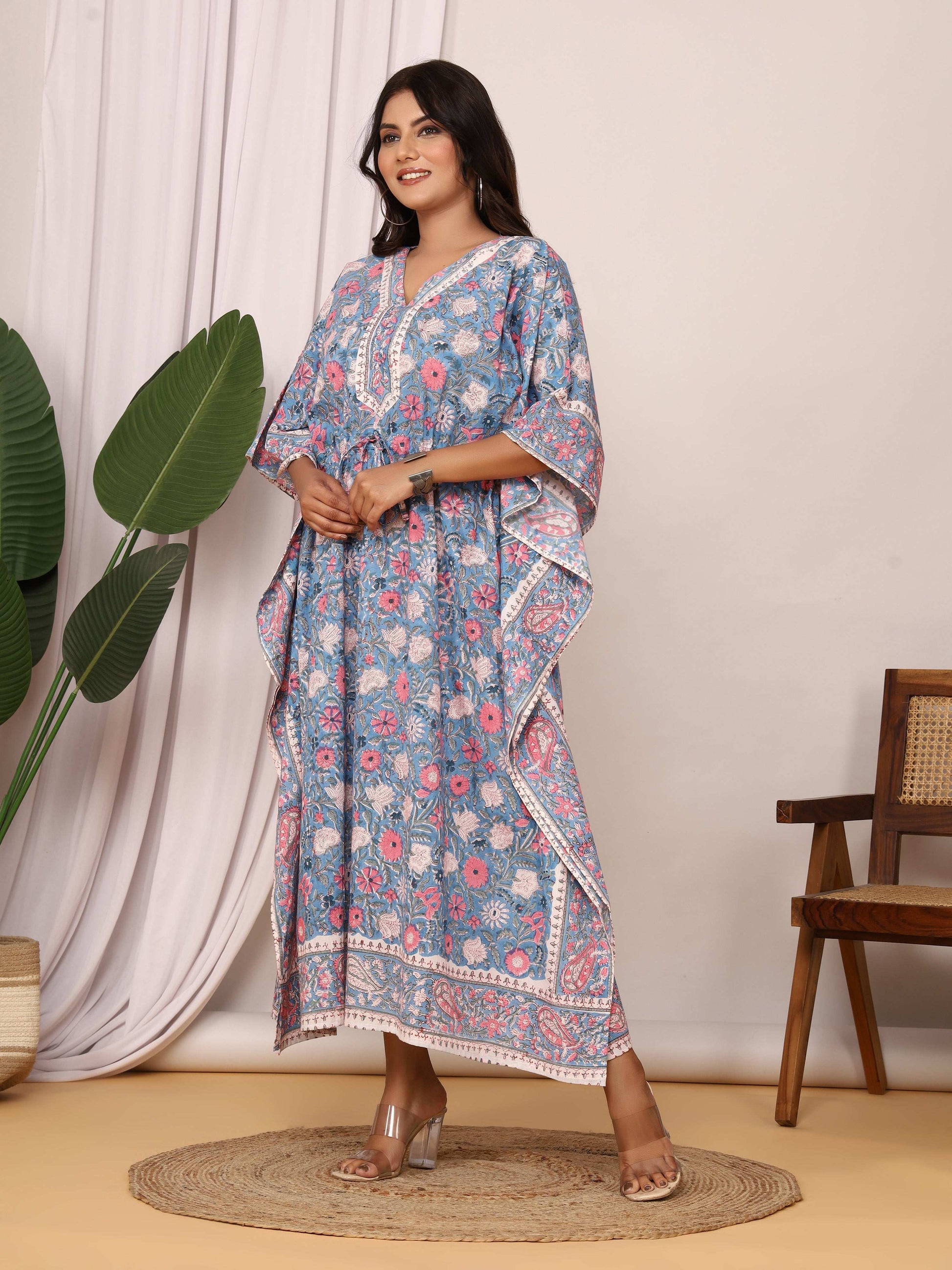 Sanganeri Print Blue & Pink Floral Cotton Kaftan