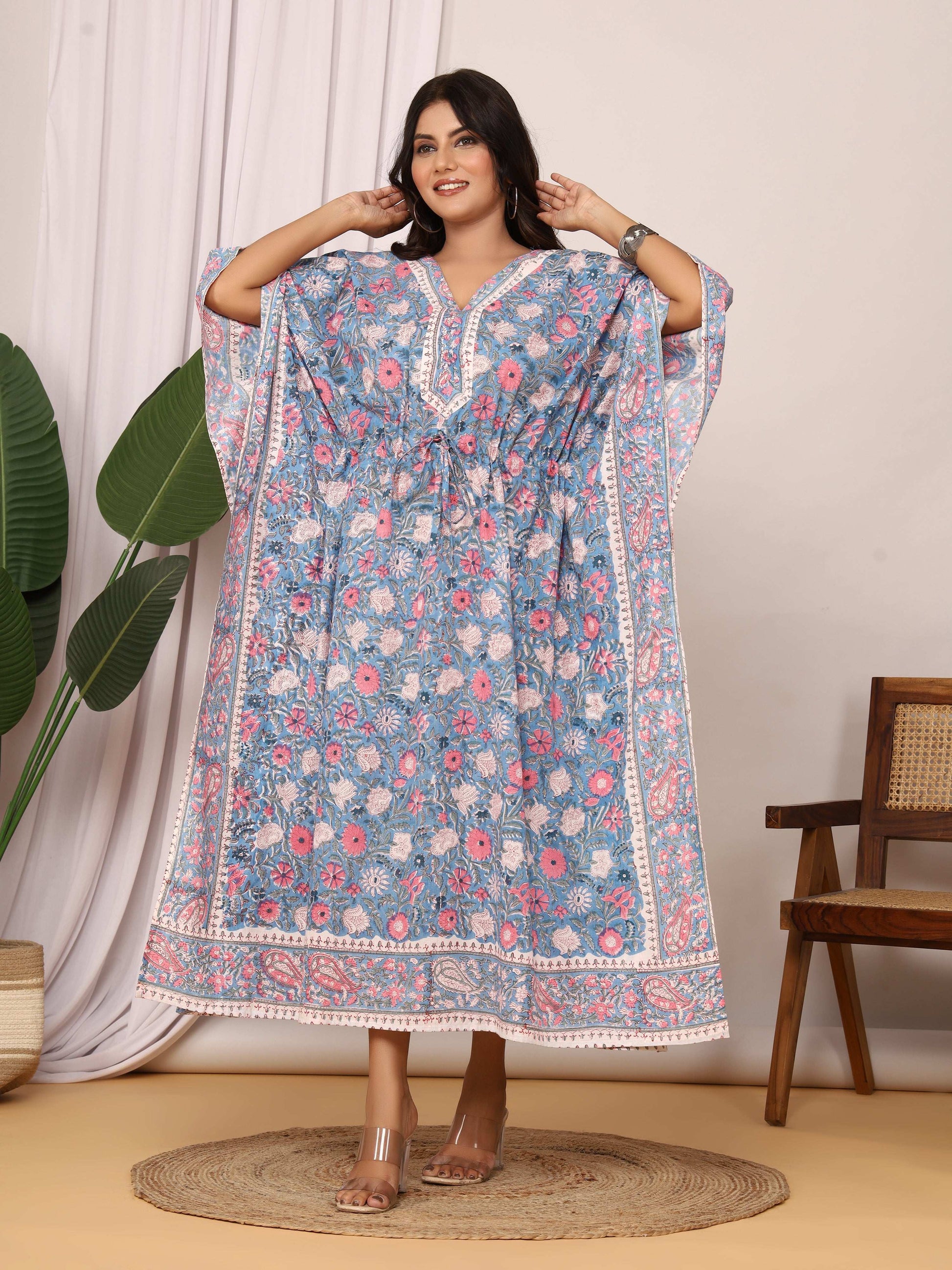 Sanganeri Print Blue & Pink Floral Cotton Kaftan