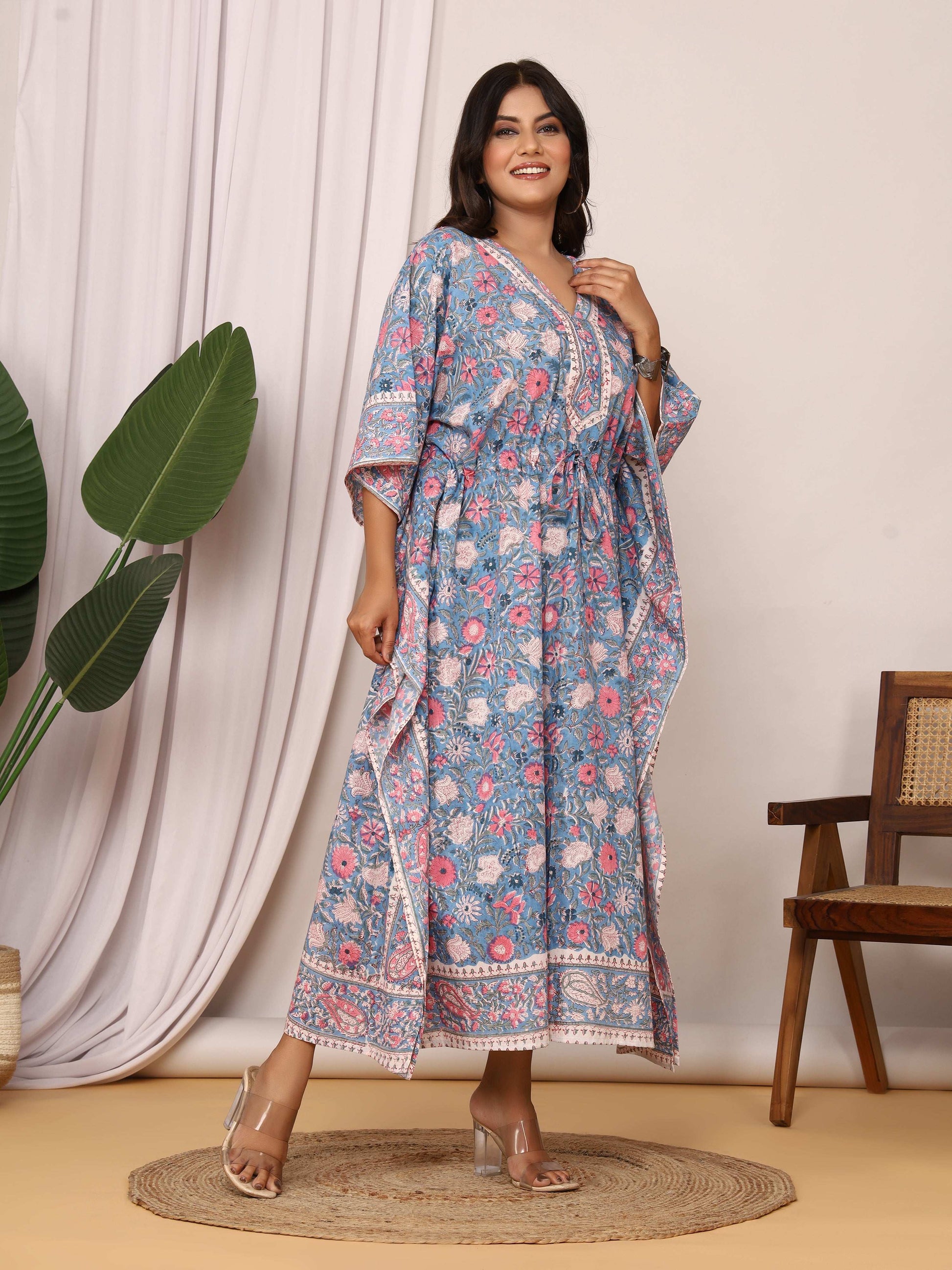 Sanganeri Print Blue & Pink Floral Cotton Kaftan