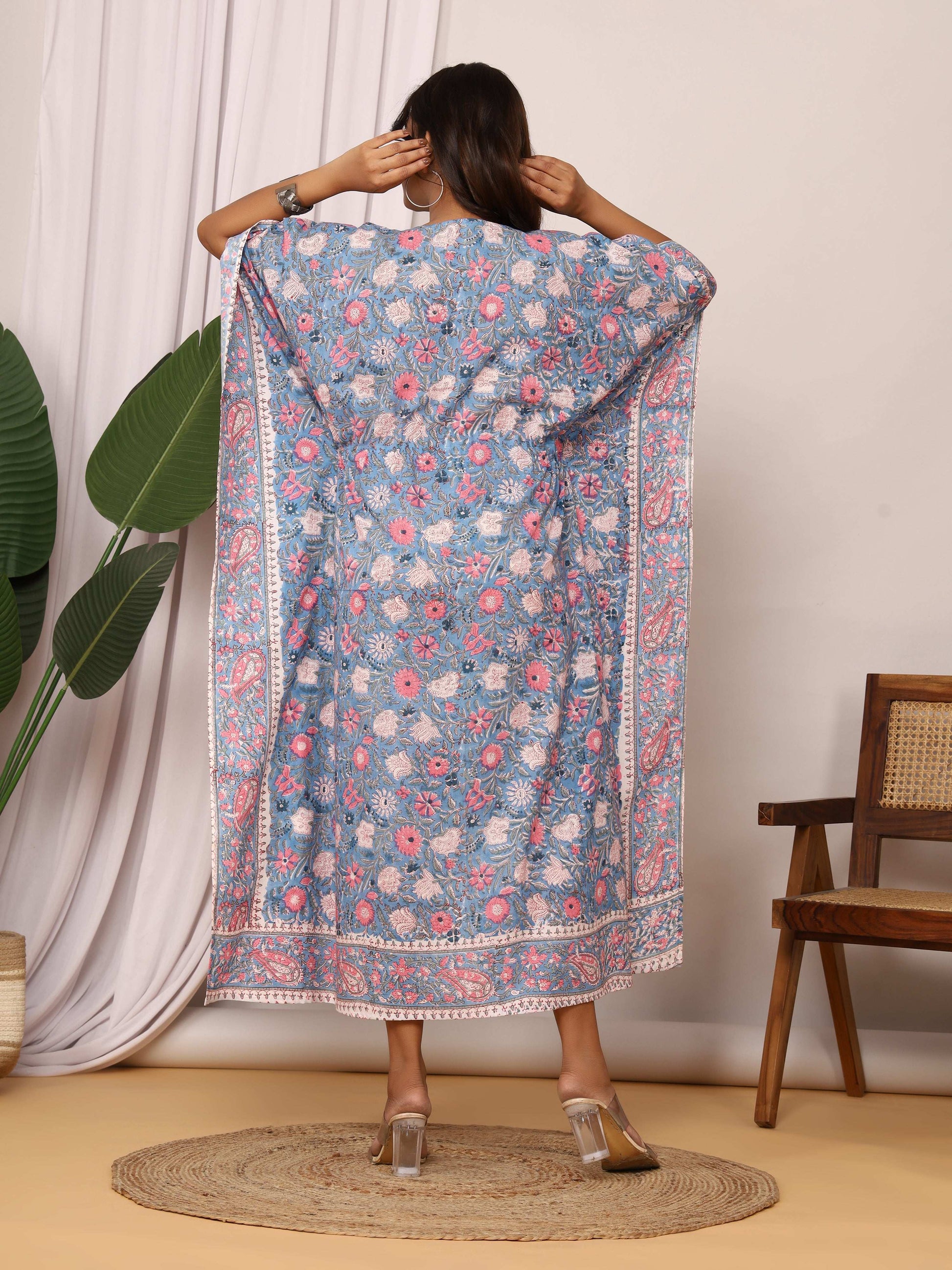Sanganeri Print Blue & Pink Floral Cotton Kaftan