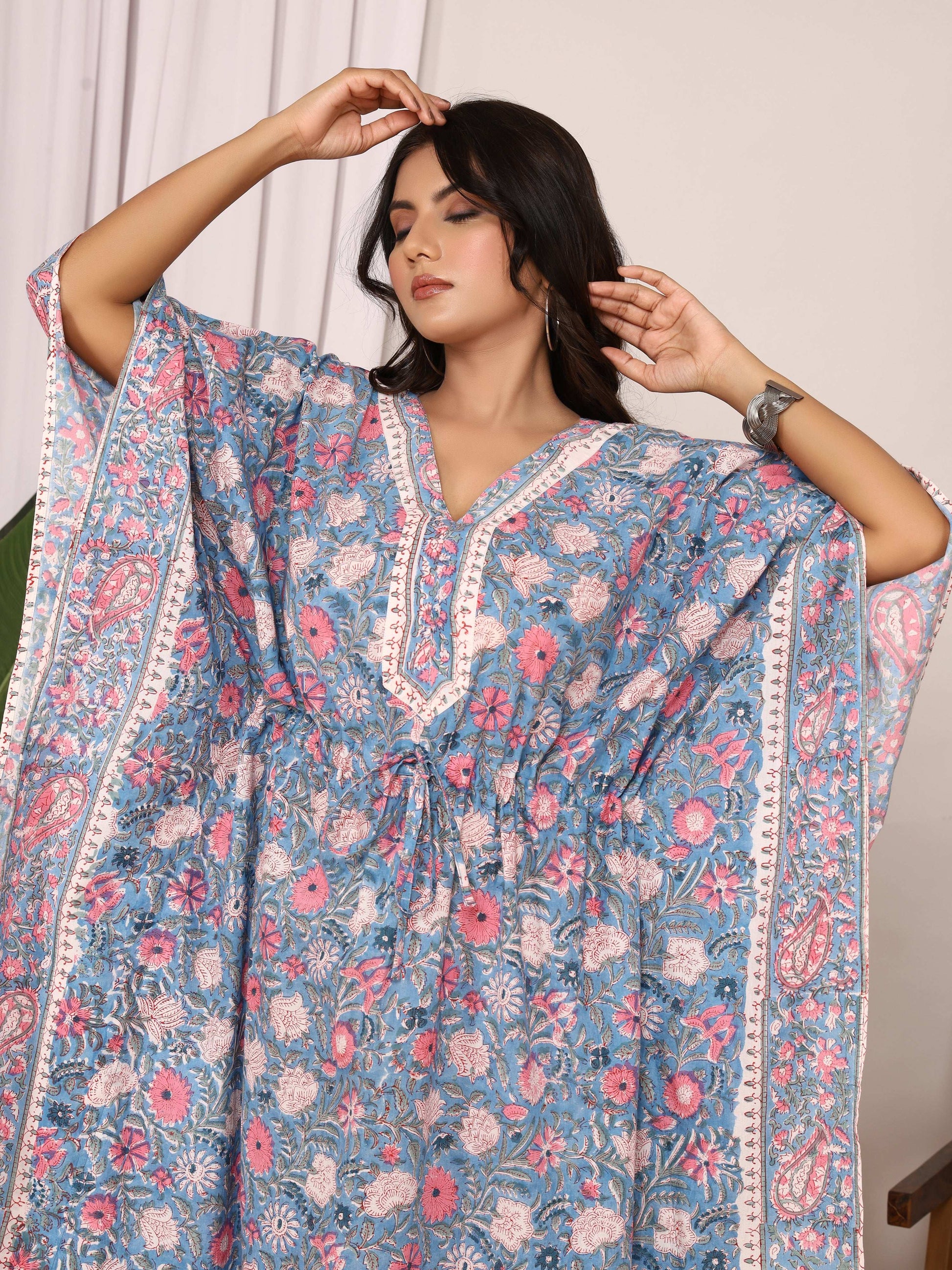 Sanganeri Print Blue & Pink Floral Cotton Kaftan