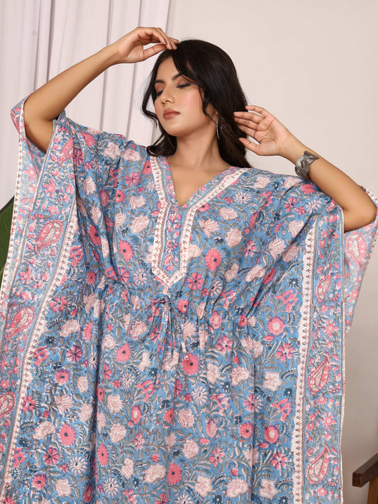 Sanganeri Print Blue & Pink Floral Cotton Kaftan