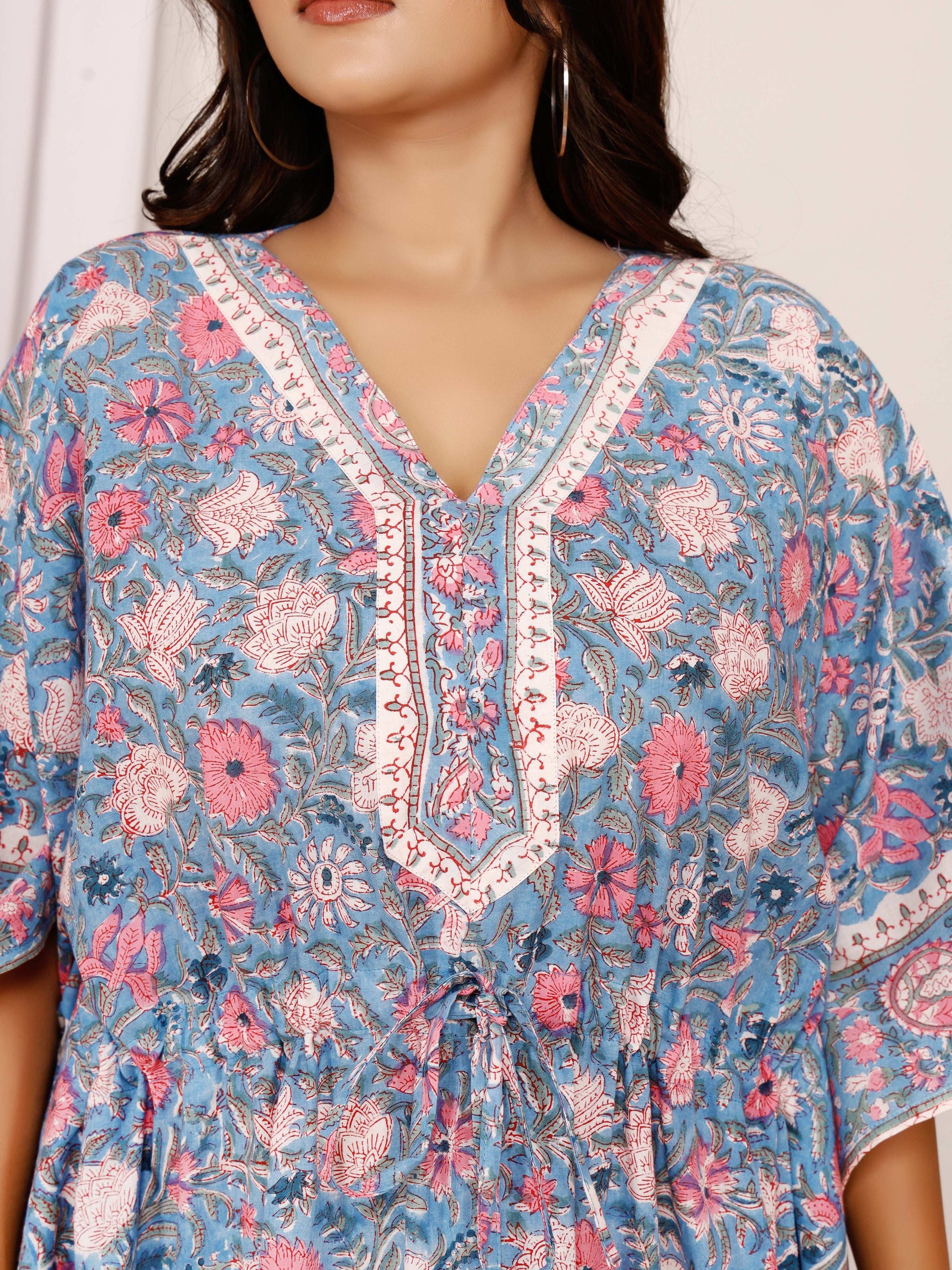 Sanganeri Print Blue & Pink Floral Cotton Kaftan