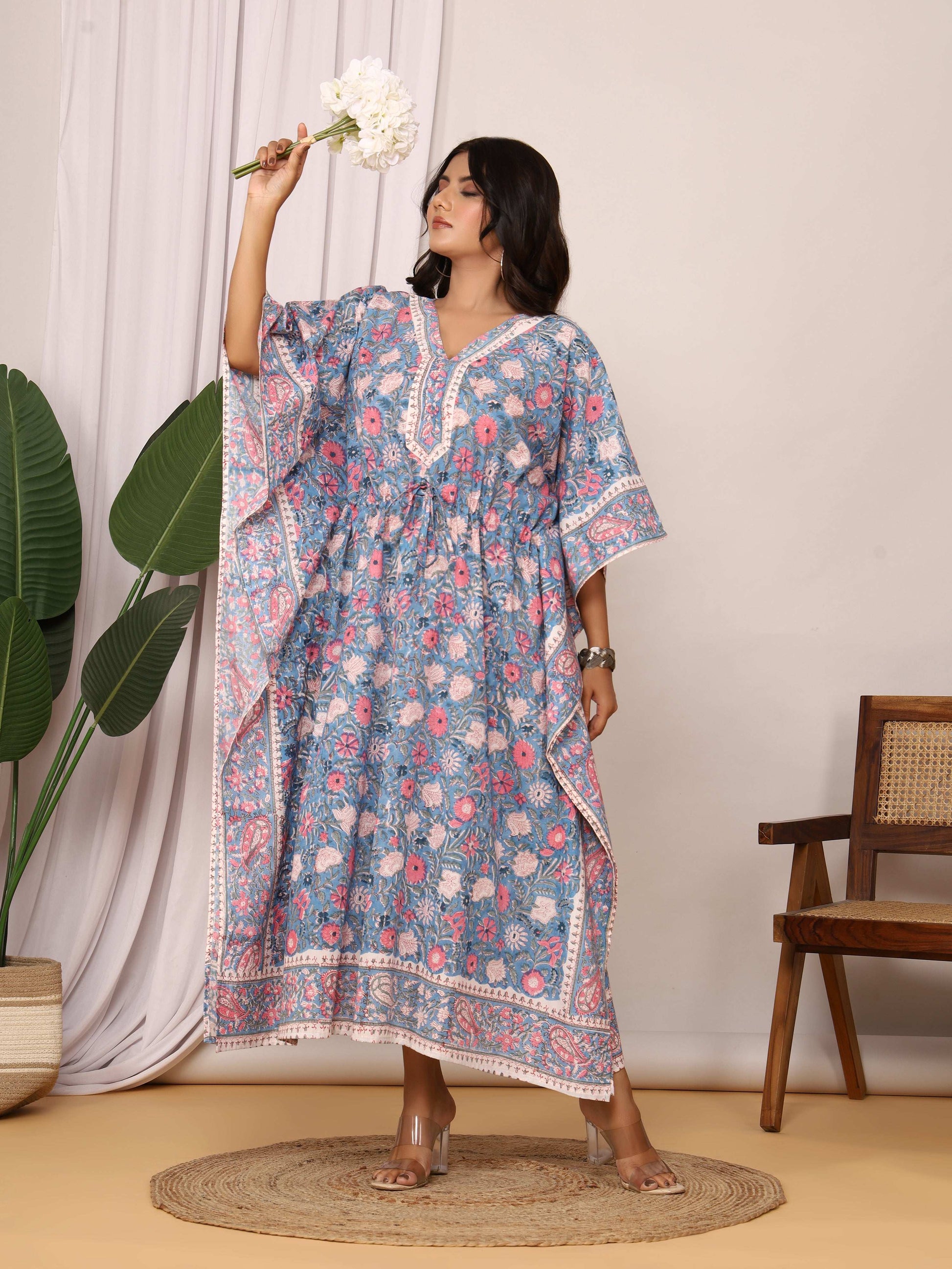 Sanganeri Print Blue & Pink Floral Cotton Kaftan