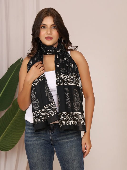 Black & White Handblock Discharge Print Pure Cotton Stole with Floral Boota Design