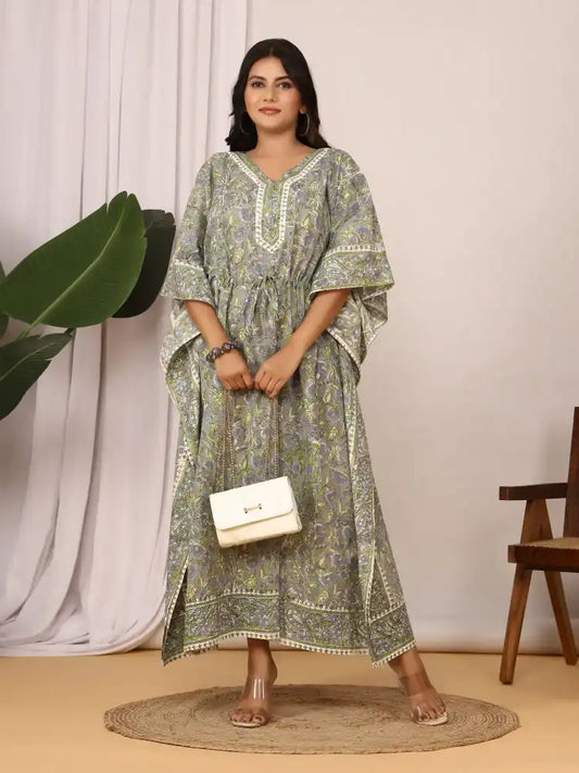 Sanganeri Floral Print Soft Grey & Green Cotton Kaftan