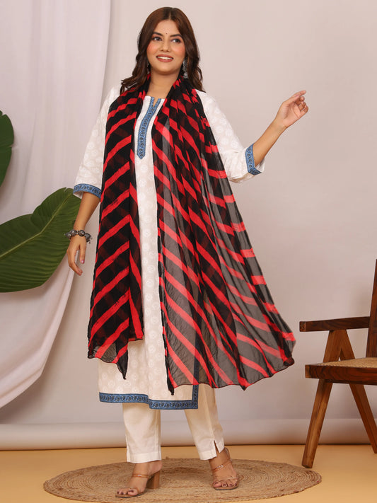 Black Red Nazmin Chiffon Hand Tied Leheriya Dupatta (2.5 Meter)