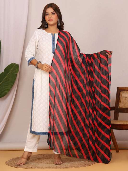 Black Red Nazmin Chiffon Hand Tied Leheriya Dupatta (2.5 Meter)