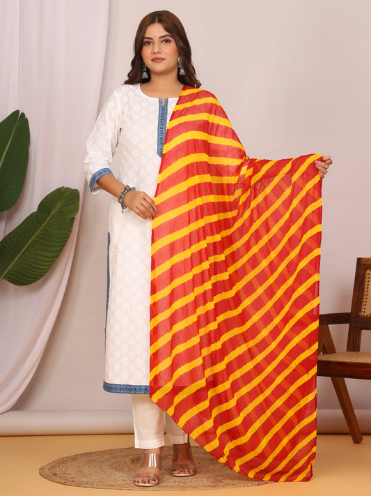 Red Yellow Nazmin Chiffon Hand Tied Leheriya Dupatta (2.5 Meter)