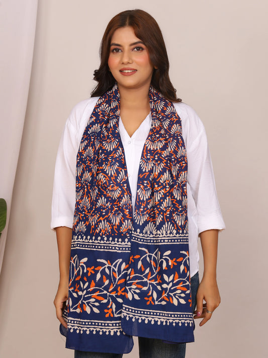 Indigo Pure Cotton Handblock MN Dabu Print Stole with Floral Motifs