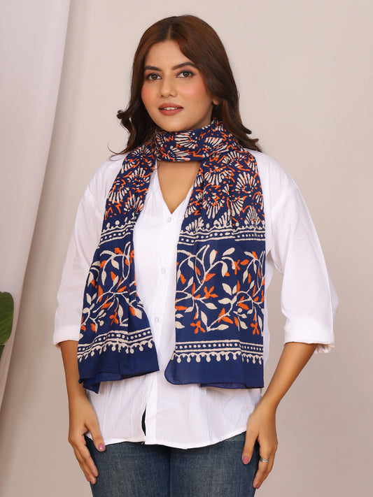 Indigo Pure Cotton Handblock MN Dabu Print Stole with Floral Motifs