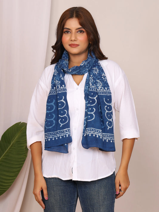 Indigo Pure Cotton Handblock Dabu Print Stole with Abstract Wave Motifs