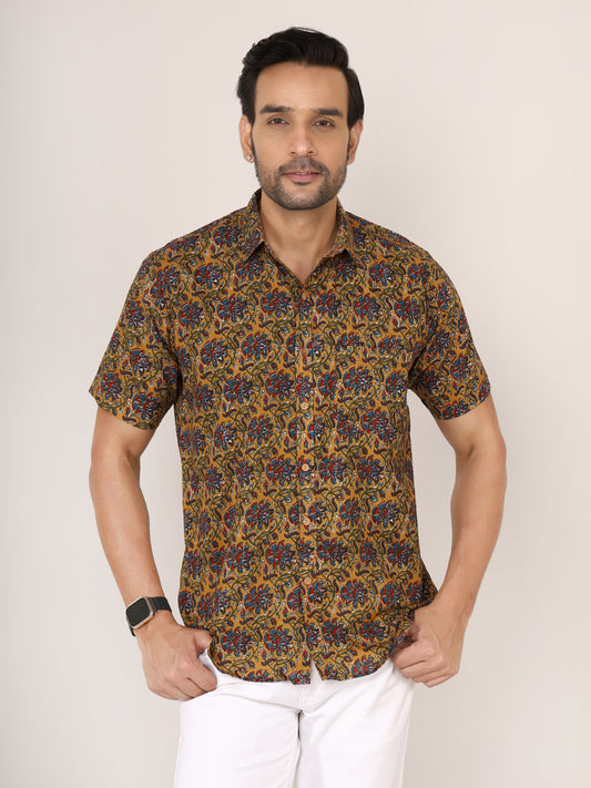 Sanganeri Cotton Azrakh Print Mustard Shirt