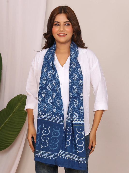 Indigo Pure Cotton Handblock Dabu Print Stole with Abstract Wave Motifs