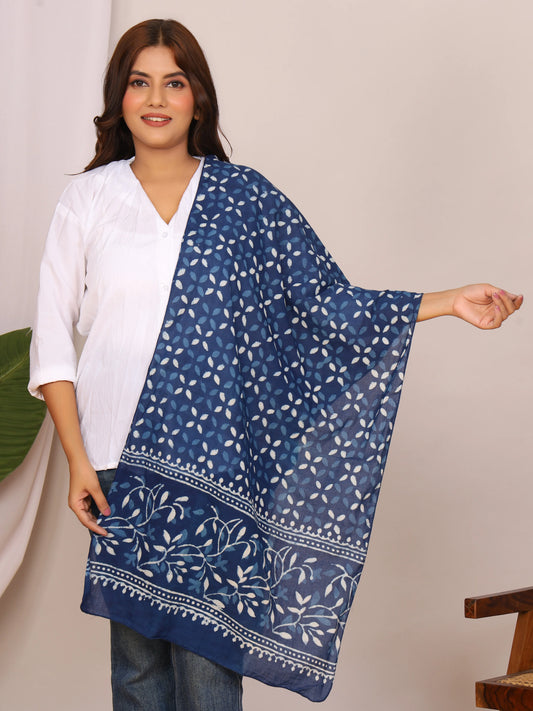 Indigo Blue Dabu Printed Cotton Stole with Floral and Leaf Motifs