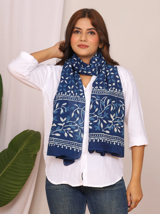 Indigo Blue Dabu Printed Cotton Stole with Floral and Leaf Motifs