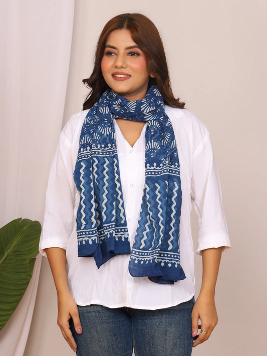 Indigo Pure Cotton Dabu Print Stole with Shell and Zigzag Motifs