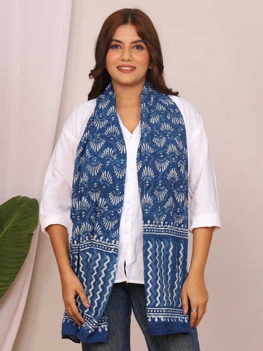 Indigo Pure Cotton Dabu Print Stole with Shell and Zigzag Motifs