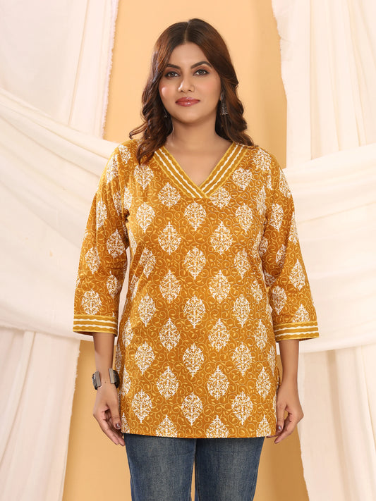 Sanganeri Mustard Yellow Floral Print Pure Cotton Top