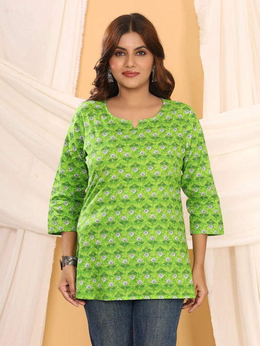 Sanganeri Green Floral Print Pure Cotton Top