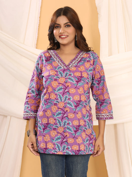 Sanganeri Violet Floral Print Pure Cotton Top