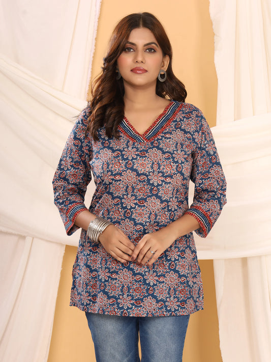Ajrakh Navy Geometric Print Pure Cotton Top