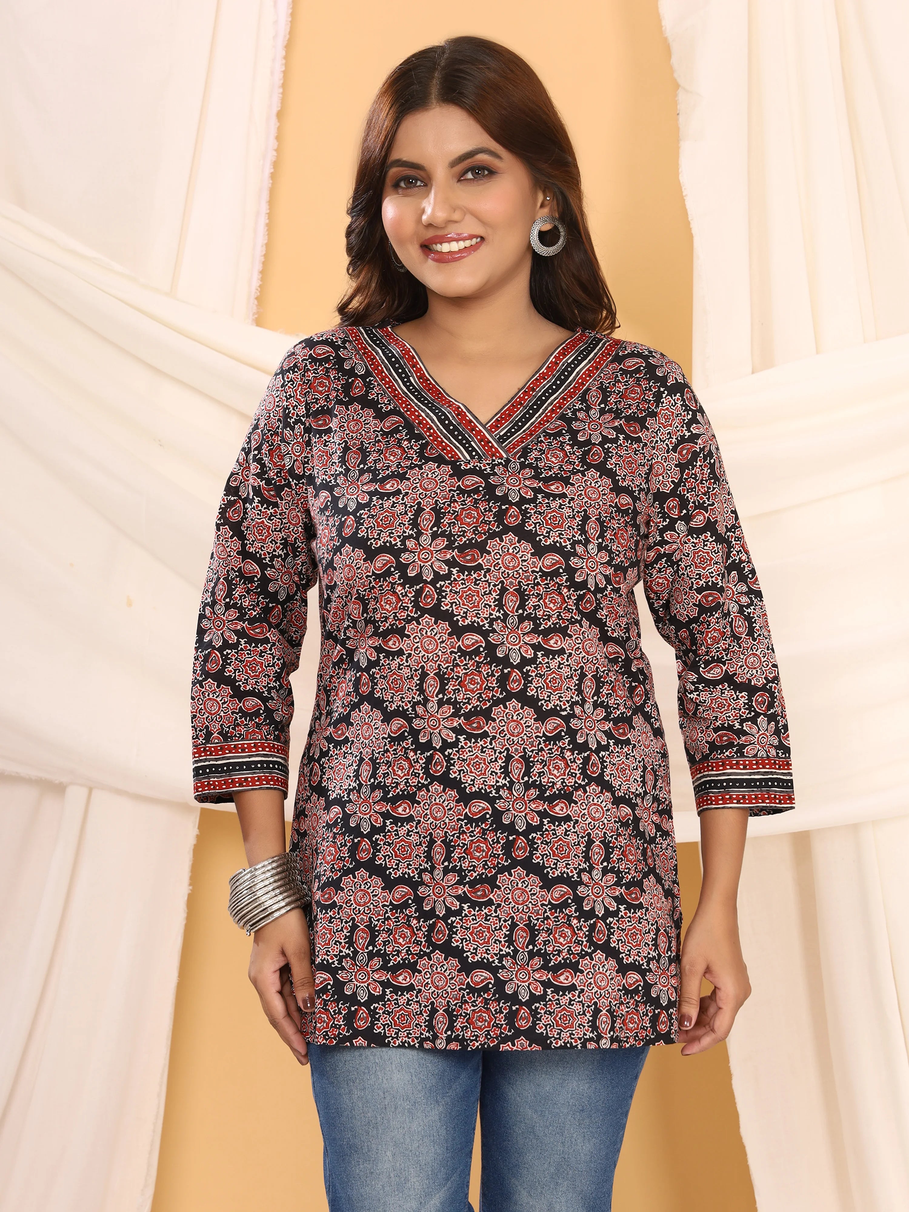 Ajrakh Black Geometric Print Pure Cotton Top