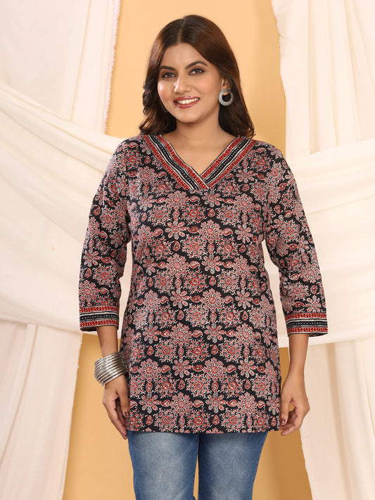 Ajrakh Black Geometric Print Pure Cotton Top