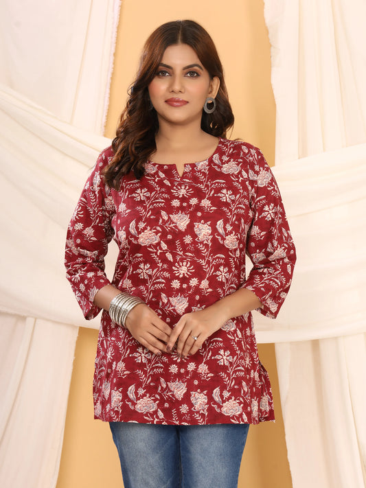 Sanganeri Maroon Floral Print Pure Cotton Top