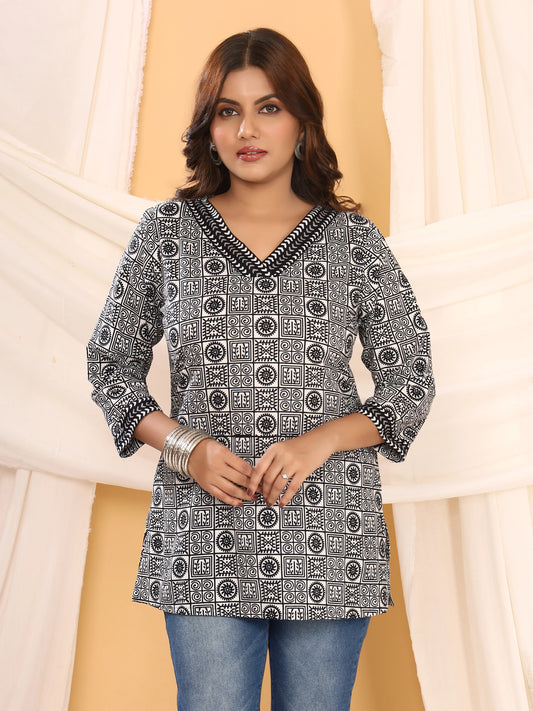 Tribal Black & White Geometric Print Pure Cotton Top