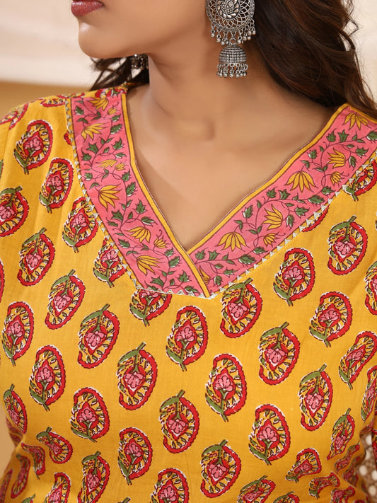 Sanganeri Kairi Buti Print Mustard Cotton Kurti