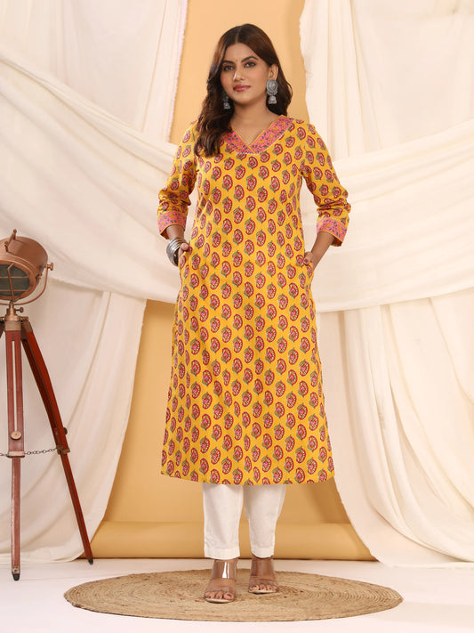 Sanganeri Kairi Buti Print Mustard Cotton Kurti