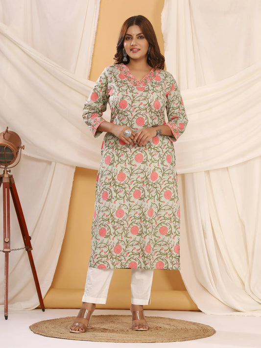 Sanganeri Floral Print Sage Green Cotton Kurti