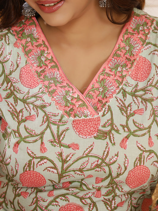 Sanganeri Floral Print Sage Green Cotton Kurti