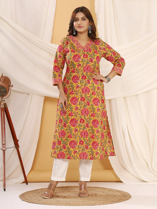 Sanganeri Floral Print Yellow Cotton Kurti