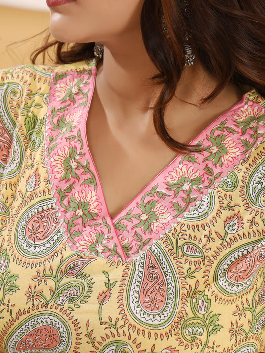 Sanganeri Floral Paisley Print Yellow Cotton Kurti