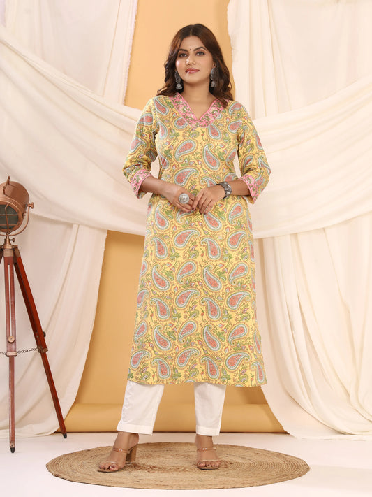 Sanganeri Floral Paisley Print Yellow Cotton Kurti